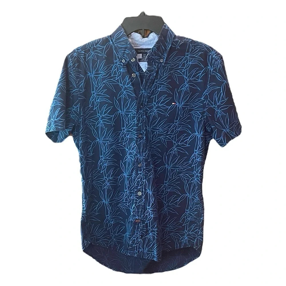 Tommy Hilfiger men’s shirt sleeve button down summer shirt SZ S blue bamboo - Picture 1 of 9